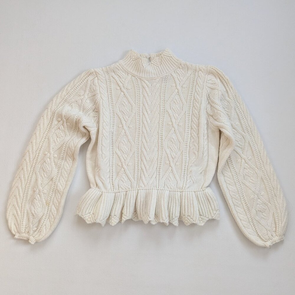 Peplum Cable Knit Whimsical Sweater Size M Cream Cottoagecore - Picture 6 of 14
